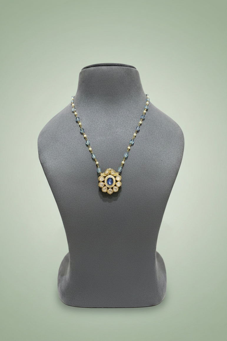 Sapphire Blue Moissanite Polki Pendant Set