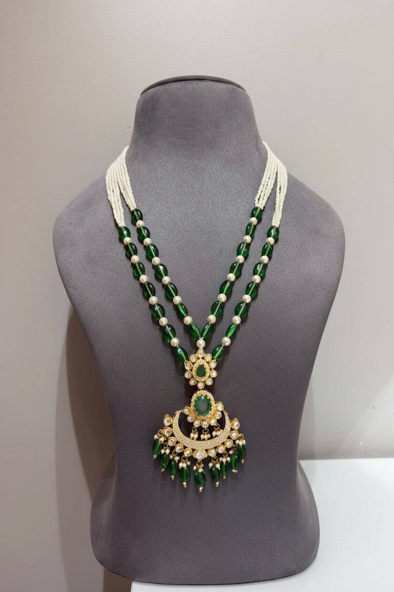 Emerald Chandbali Moissanite Polki Pendant Set