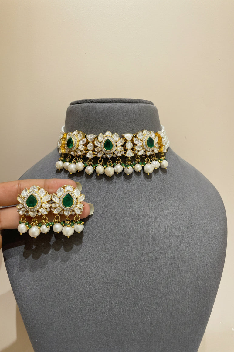 Emerald Lotus Moissanite Polki Choker