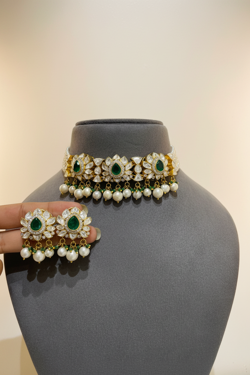 Emerald Lotus Moissanite Polki Choker