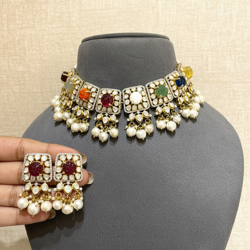 Navratna Carved Gemstone & Moissanite Polki Square Panel Choker Set