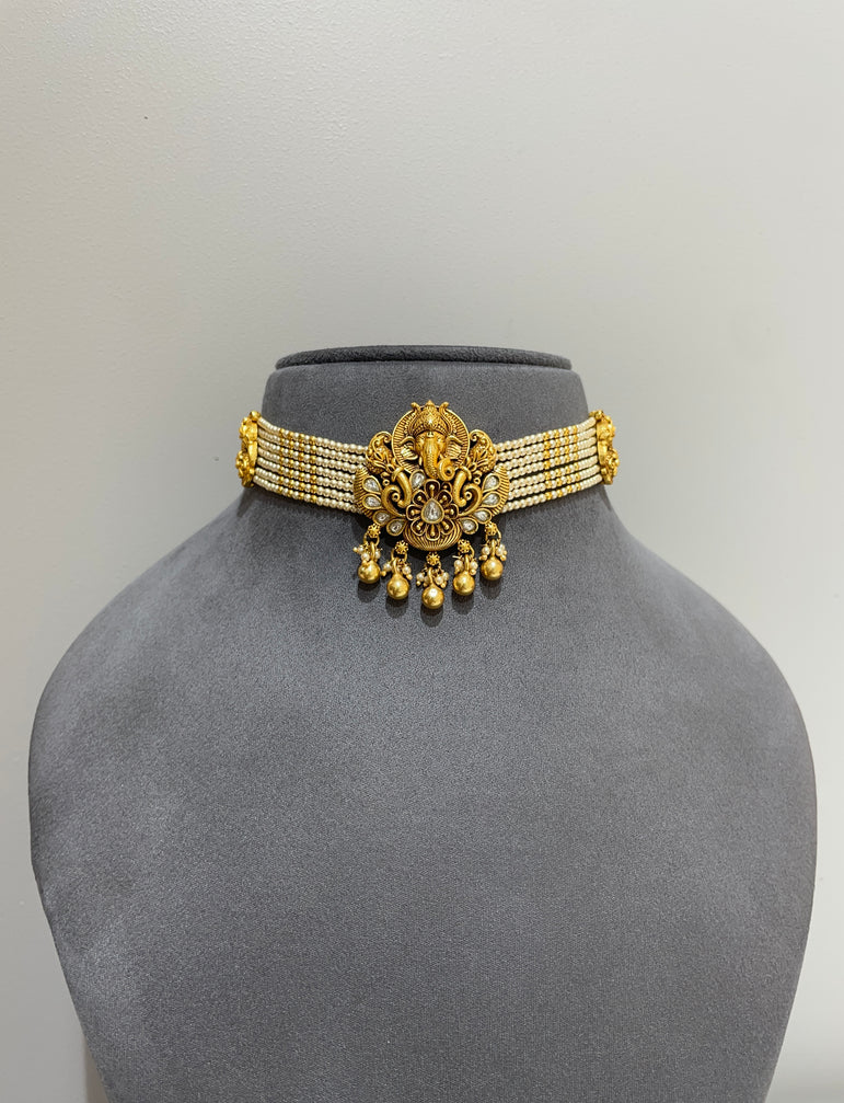 925 Silver Ganesh Prabha Antique Gold Look Choker