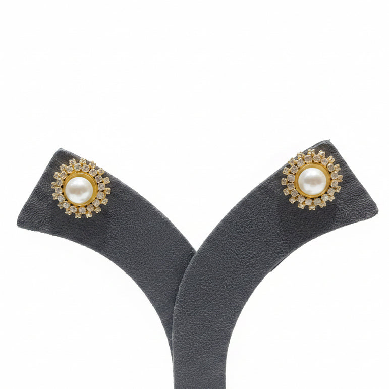 Pearl Cabochon Solitaire Halo Stud Diamond Look Earrings