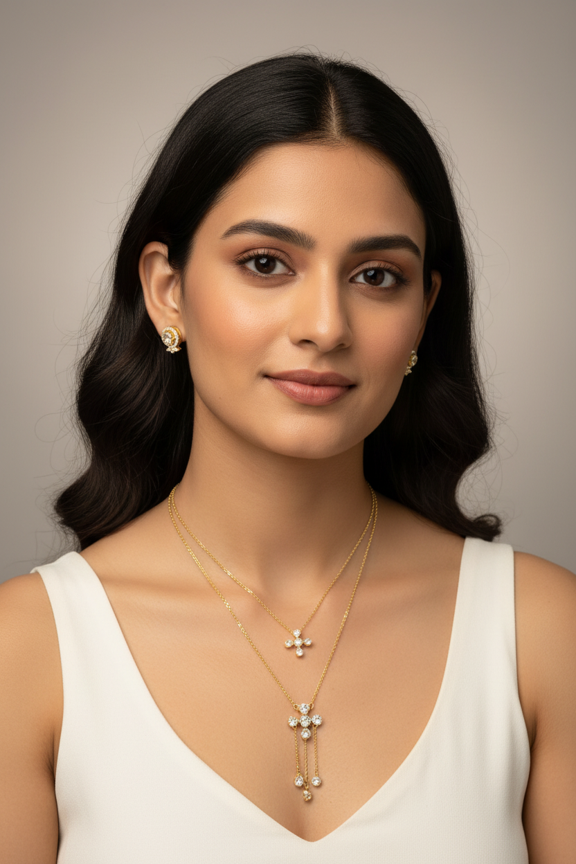 Double-Layered Geometric Moissanite Polki Pendant Set