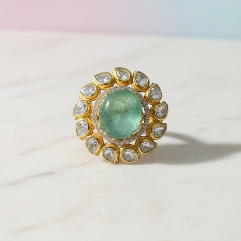 Round Mint Green Stone & Polki Halo Cocktail Ring