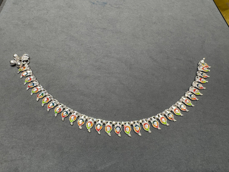 Traditional Meenakari Paisley Silver Anklet Pair