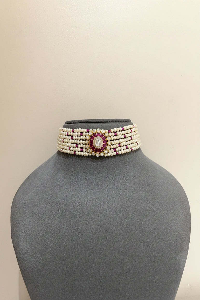 Oval Pink Medallion Pearl Strand Polki Choker