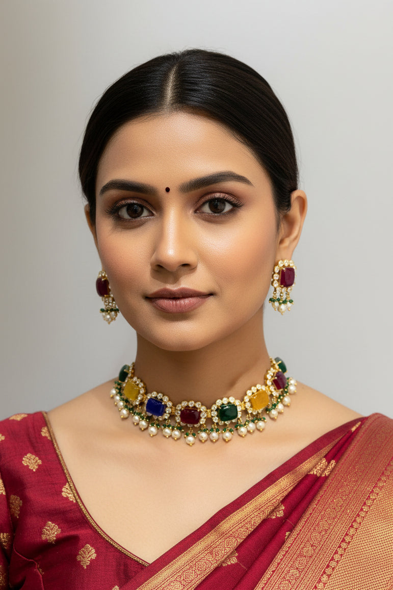 Navratna Cushion-Cut Moissanite Polki Choker