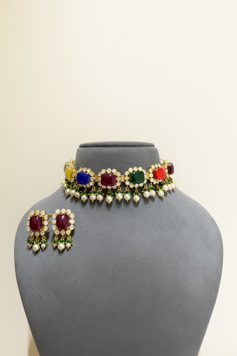 Navratna Cushion-Cut Moissanite Polki Choker