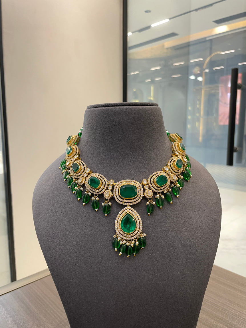 ELEGANT GREEN STONE WORK PURE SILVER SET