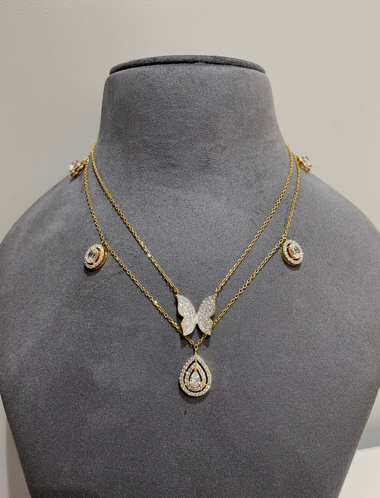 925 Silver Double Line Butterfly & Pear Drop Pendant Set