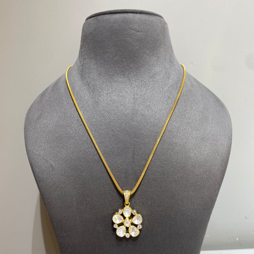 6-Petal Moissanite Polki Floral Rosette Pendant Set