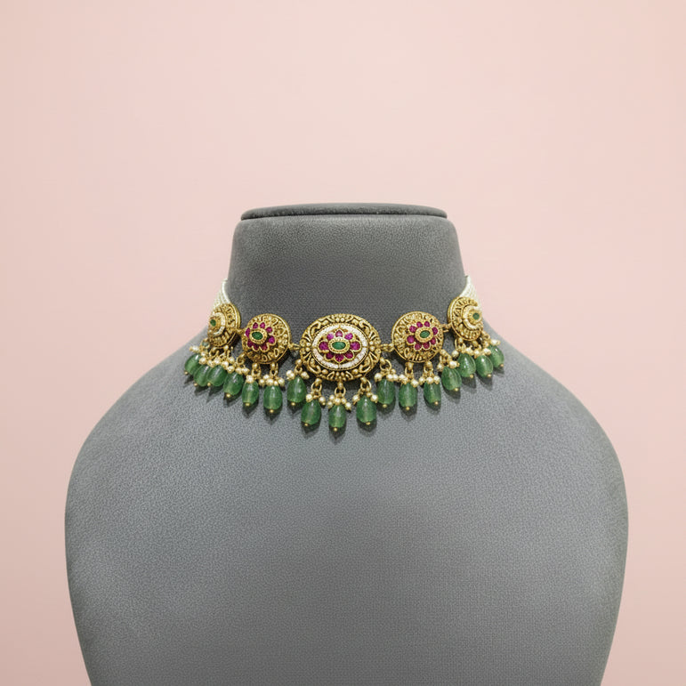Antique Gold Circular Medallion Floral Choker