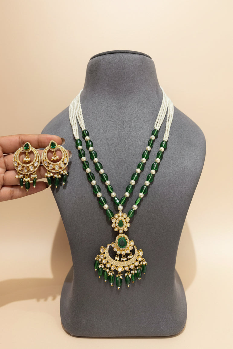 Emerald Chandbali Moissanite Polki Pendant Set