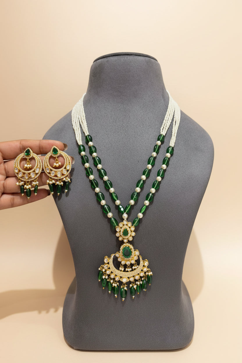 Emerald Chandbali Moissanite Polki Pendant Set
