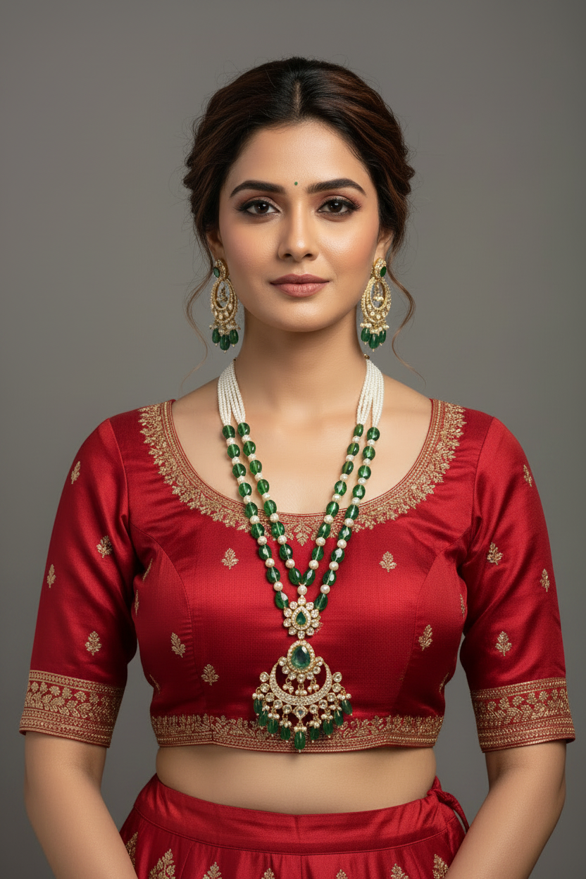 Emerald Chandbali Moissanite Polki Pendant Set