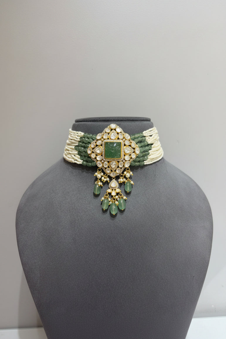 Heritage Carved Emerald Moissanite Polki Choker