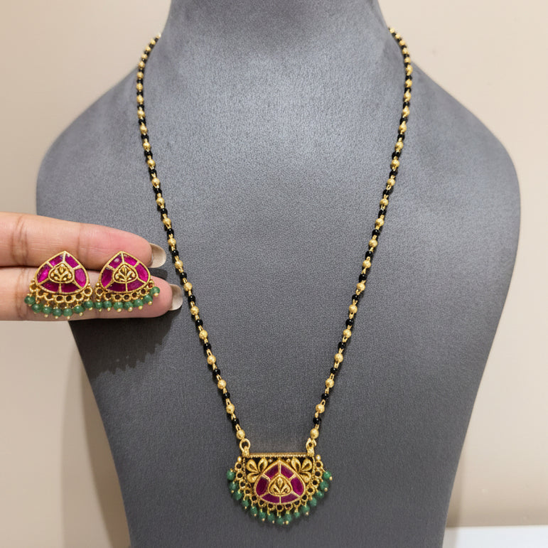 Half-Moon Lotus Crest Mangalsutra Gold Look Pendant Set