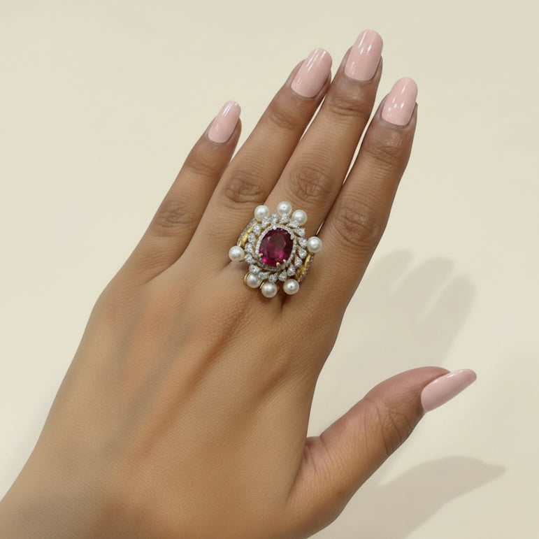 Royal Ruby Red Gemstone Pearl-Bordered Cocktail Ring