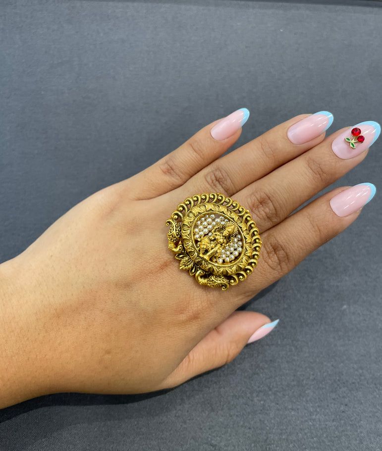 925 Silver Lakshmi Ji Antique Gold Look Ring
