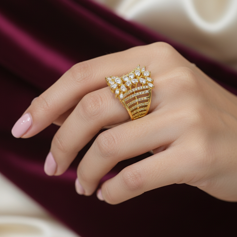 Floral Cluster Wide Band Moissanite Diamond Ring