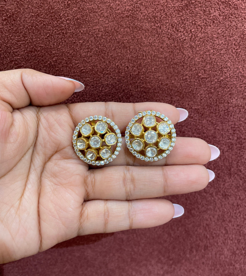 925 Silver Floral With Outer Polki Earrings