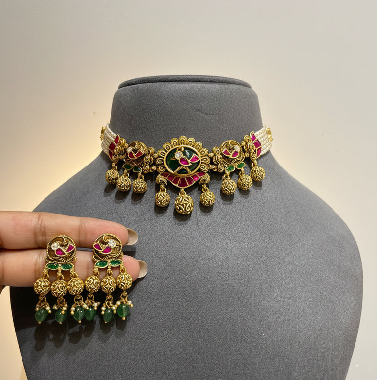 Antique Gold Peacock Enamel Pearl Choker