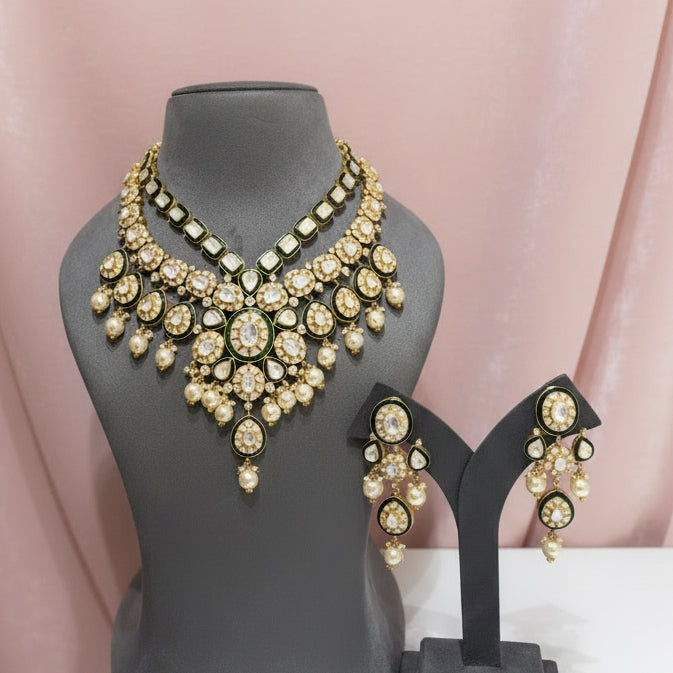 Dual-Tiered Green Enamel Moissanite Polki Bib Bridal Set