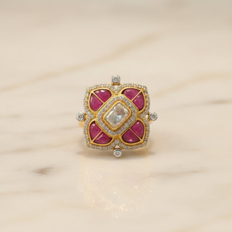 Pink Floral Quatrefoil Moissanite Polki Ring