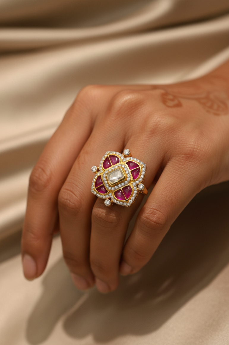 Pink Floral Quatrefoil Moissanite Polki Ring