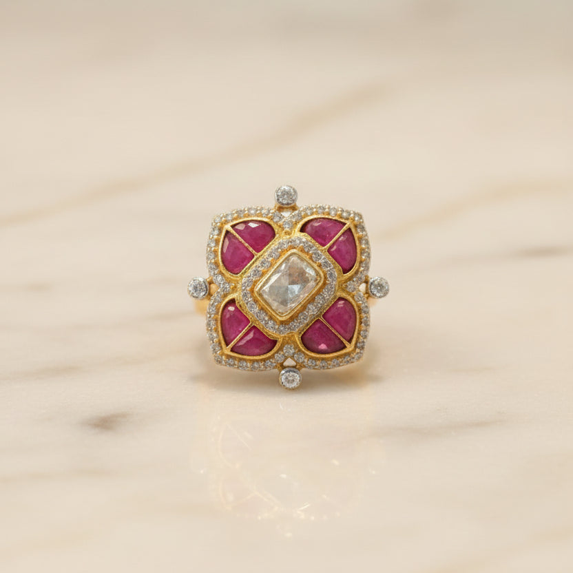 Pink Floral Quatrefoil Moissanite Polki Ring
