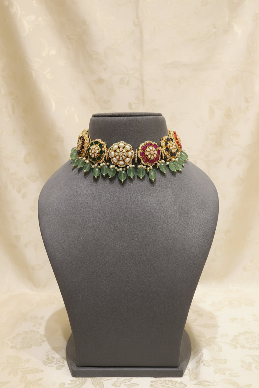 Royal Multi-Color Gemstone Medallion Moissanite Polki Choker
