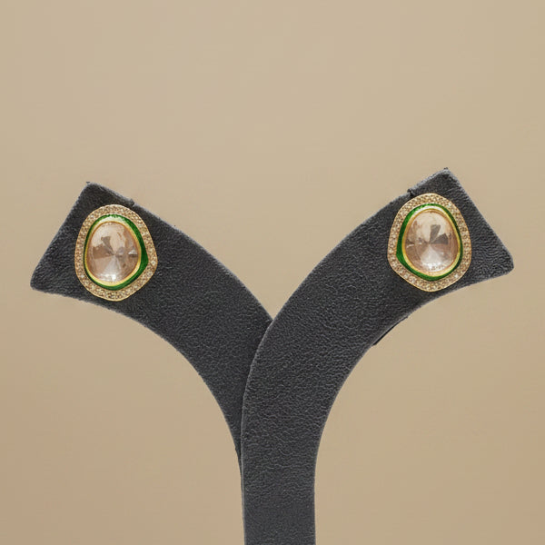 Emerald Enamel Frame Pear Moissanite Polki Stud Earrings