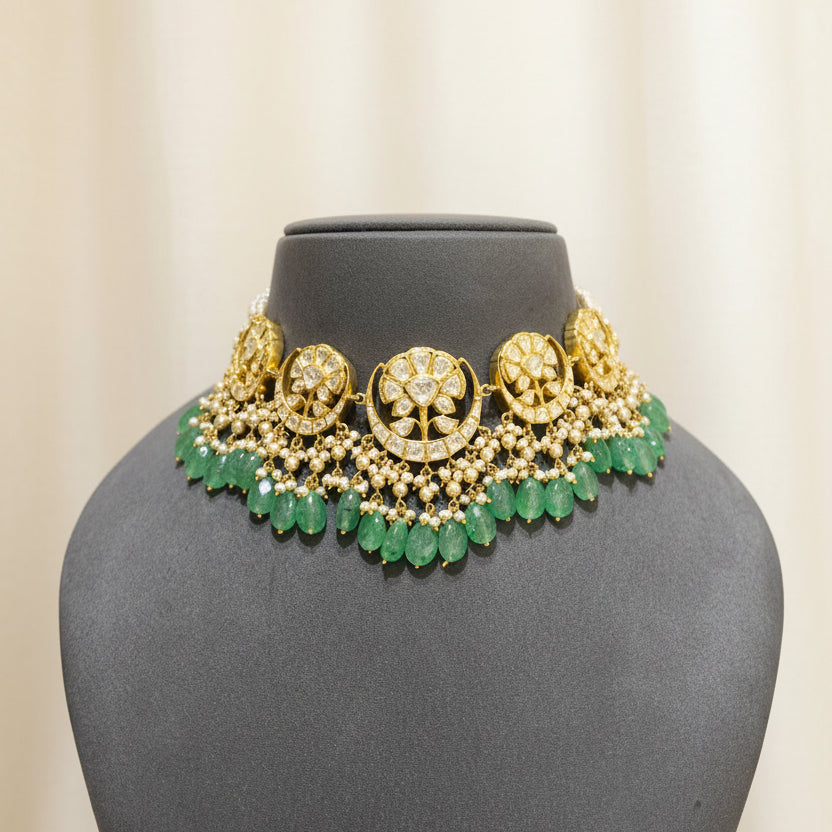 Moissanite Polki Crescent & Light Emerald Bead Choker