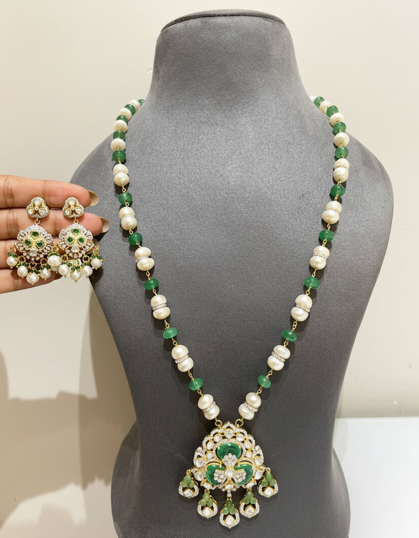 Emerald Floral Trefoil Pendant & Keshi Pearl Polki Long Set
