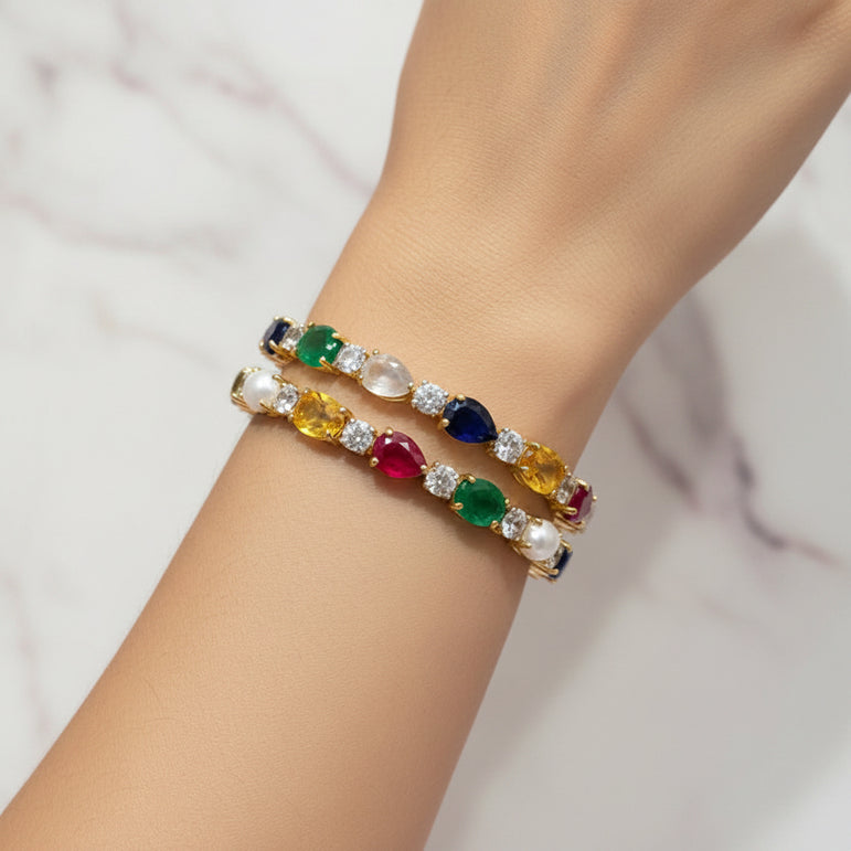 Navratna Pear-Cut Multi-Gemstone Diamond Look Bangles