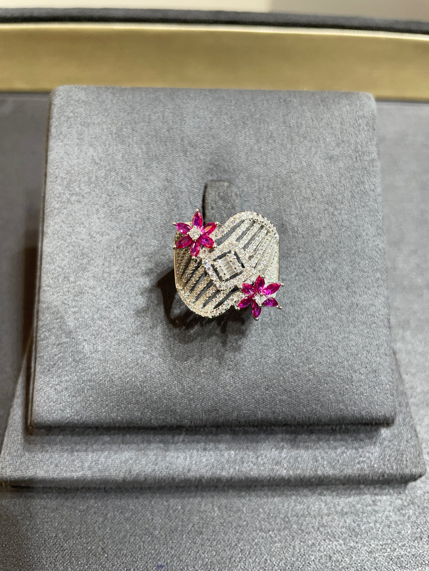 925 Silver American Pink Floral Diamond Ring