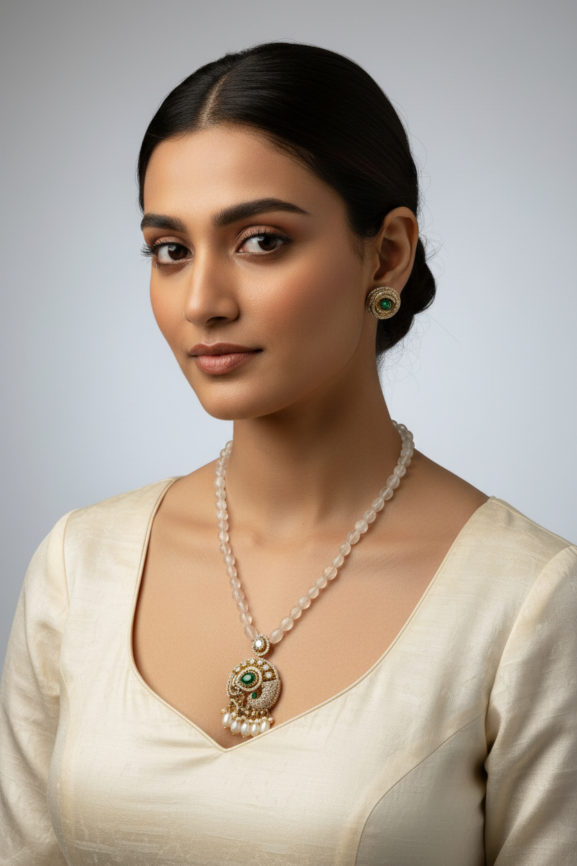 Heritage Gaja-Emerald Moissanite Polki Pendant Set