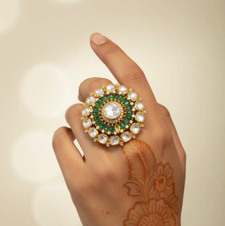 Emerald Green Halo Moissanite Polki Statement Ring