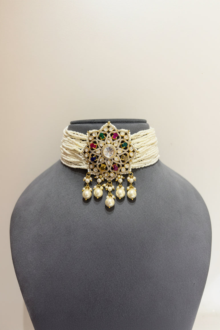 Navratna Moissanite Polki Multi-Strand Pearl Choker