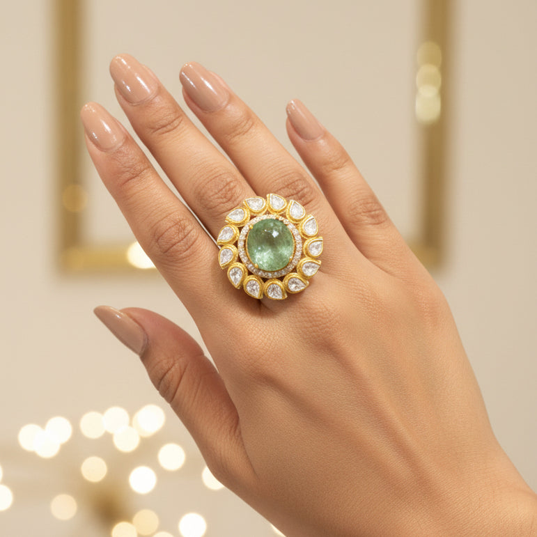 Round Mint Green Stone & Polki Halo Cocktail Ring