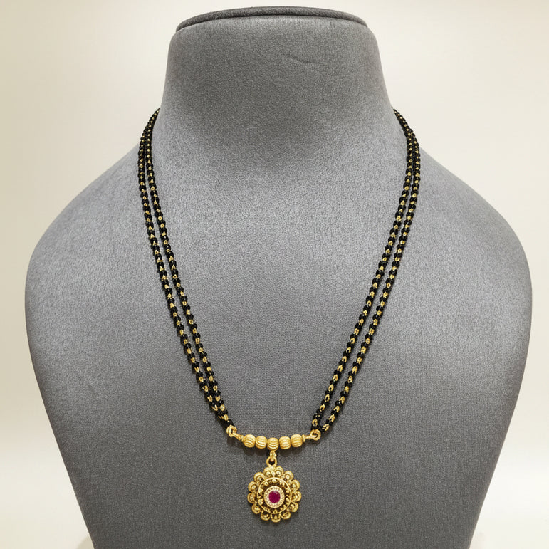 Dual-Strand Black Bead Floral Medallion Mangalsutra Pendant Set