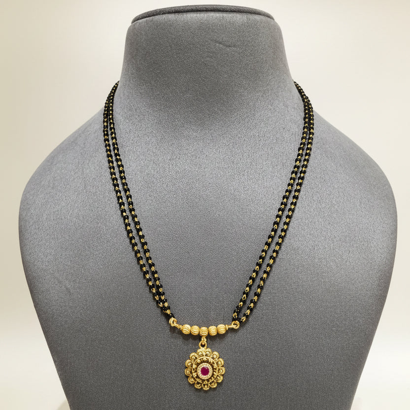Dual-Strand Black Bead Floral Medallion Mangalsutra Pendant Set