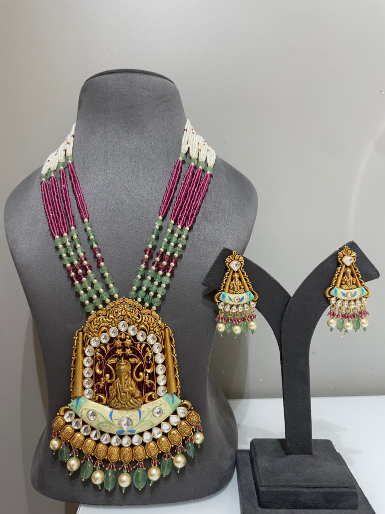 Lord Ganesha Nakshi & Enamel Moissanite Polki Long Set