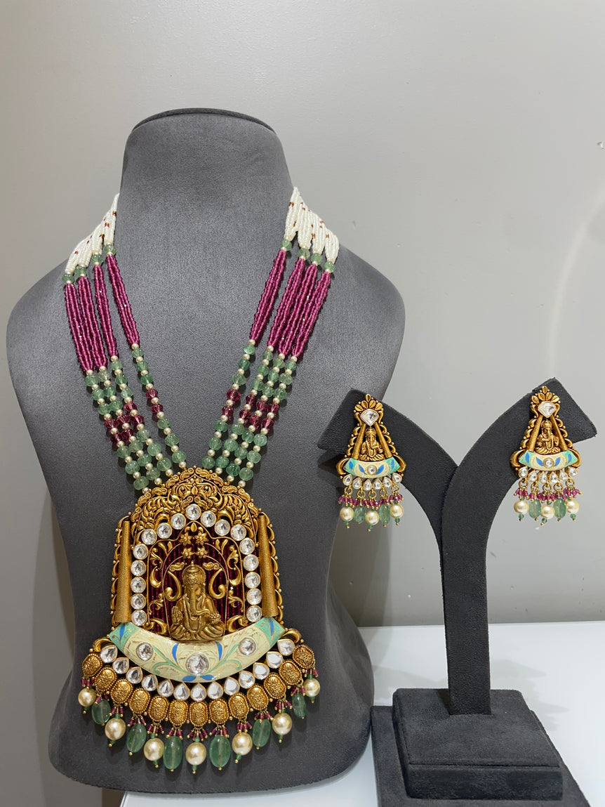 Lord Ganesha Nakshi & Enamel Moissanite Polki Long Set