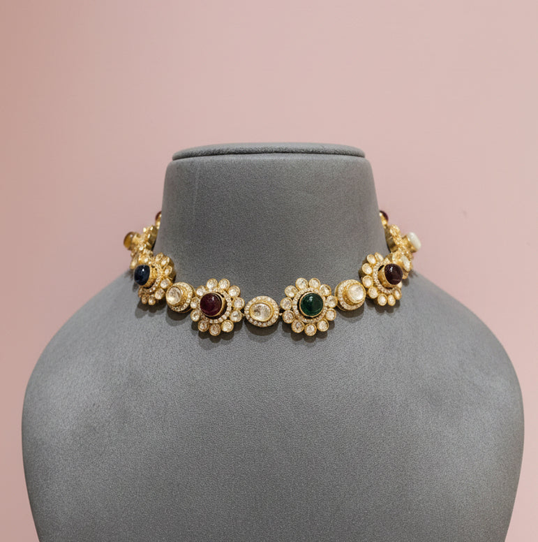 Navratna Floral Cabochon Moissanite Polki  Set