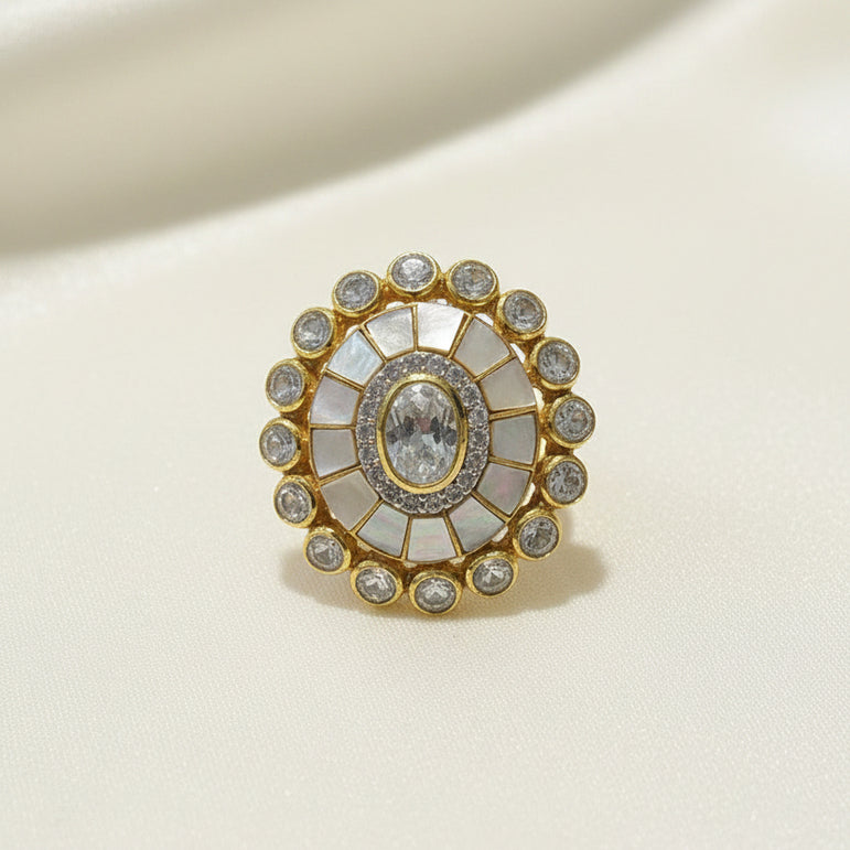 Mother of Pearl Oval Moissanite Polki Ring