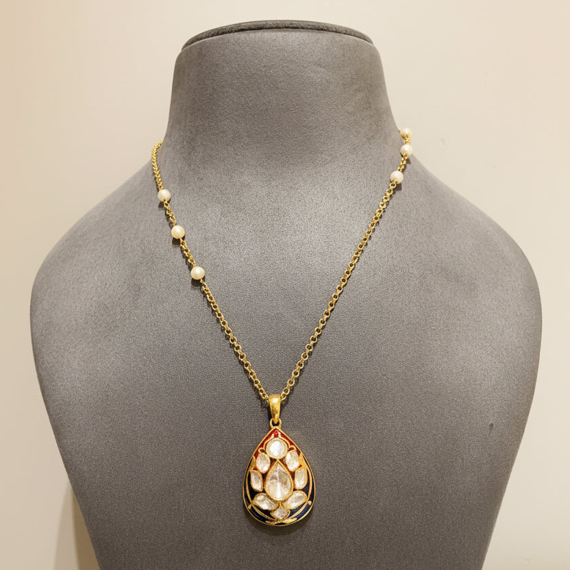 Meenakari Teardrop Lotus Moissanite Polki Pendant Set