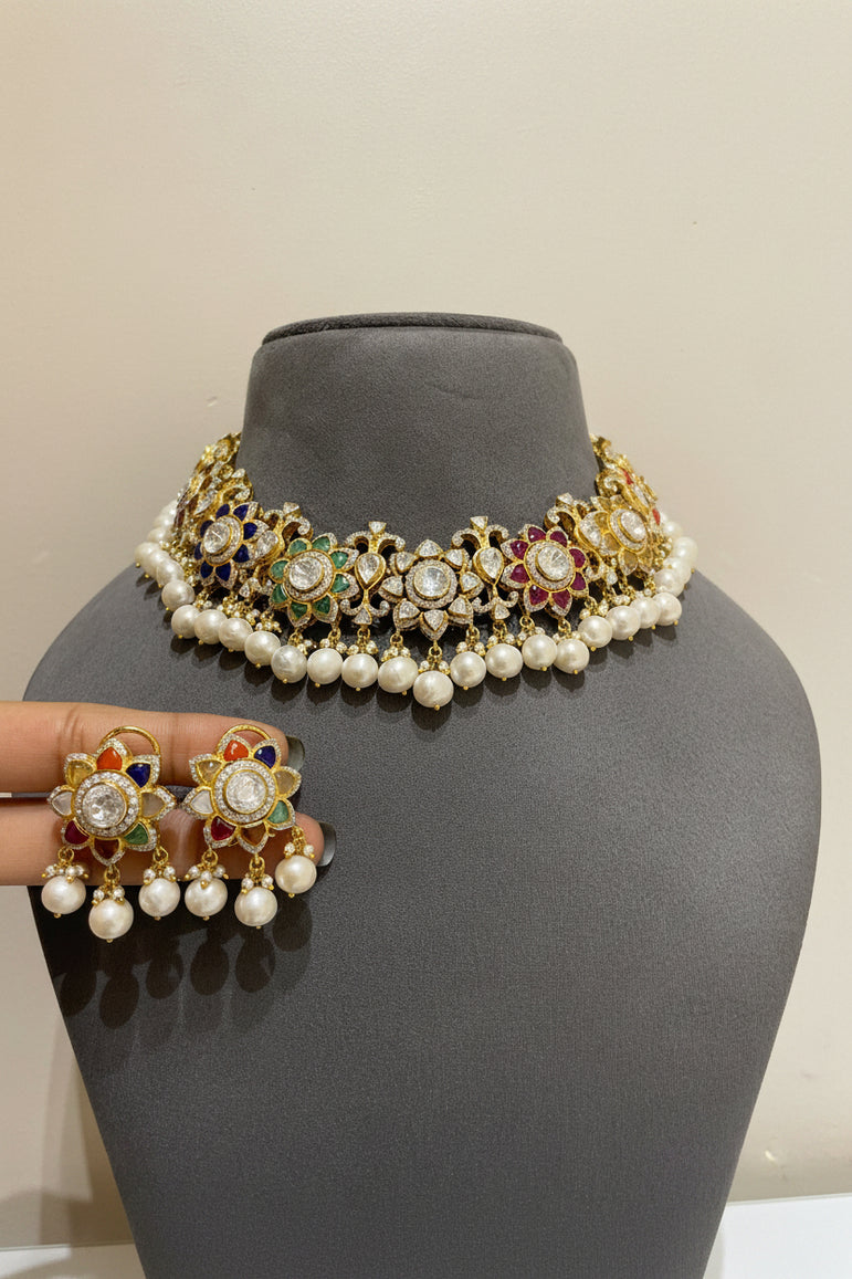 Navratna Floral Medallion Moissanite Polki Choker