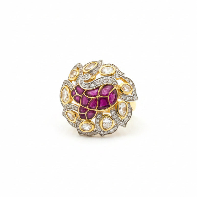 Royal Crimson Lattice & Dual-Tone Polki Floral Cocktail Ring